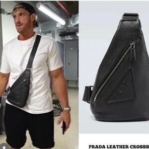 Prada Vitello Daino Triangle Logo Sling Bag 2VZ098 Black Leather Backpack